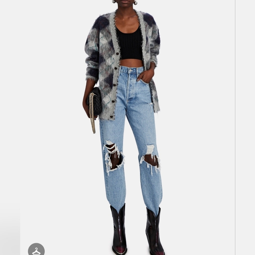 Fluffy plaid oversized distressed edge Cardigan, R13, grey/green argyle, size S